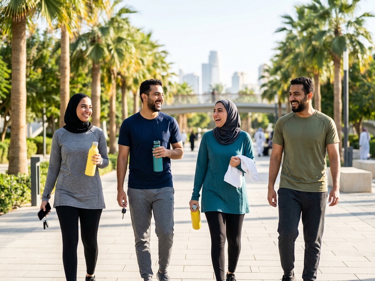 A group of friends walking and laughing in a park after a workout