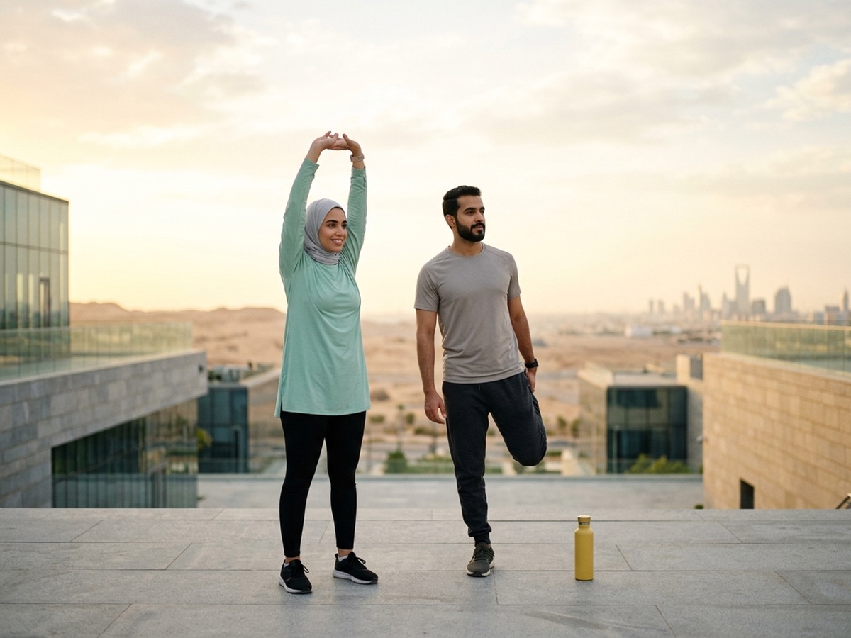 A man and a woman stretching on a terrace at sunrise with the city skyline behind them