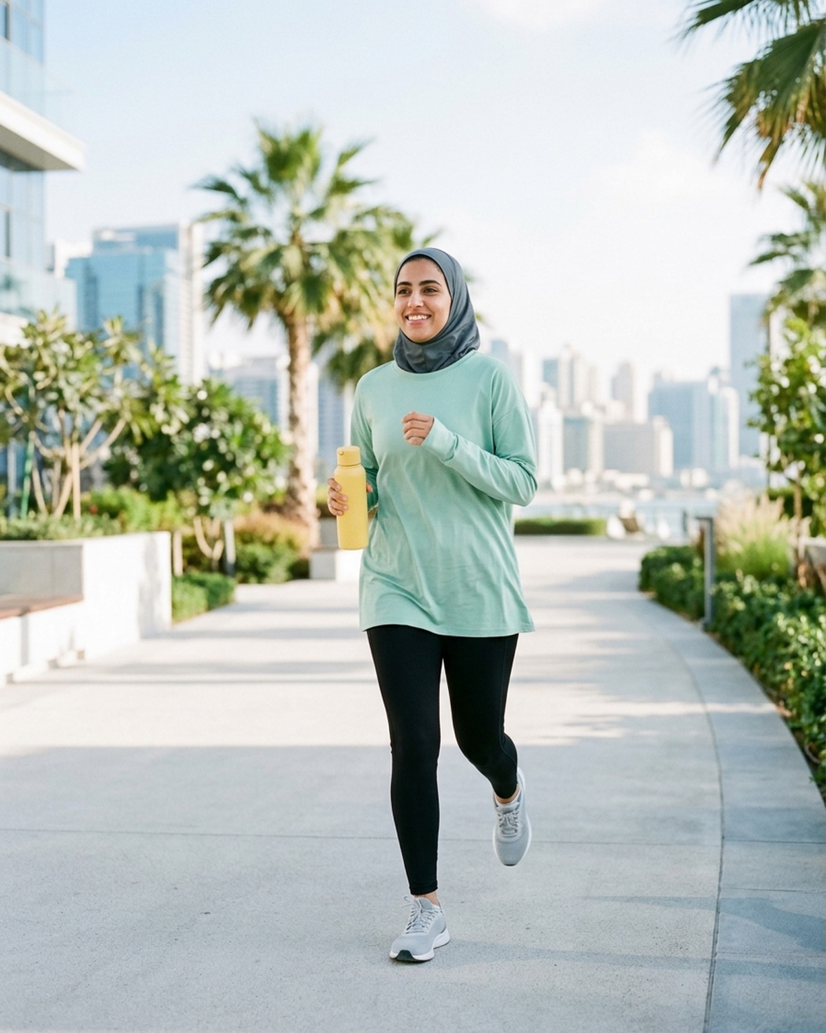 A smiling woman in a sports hijab jogging along a palm-lined promenade with a yellow water bottle