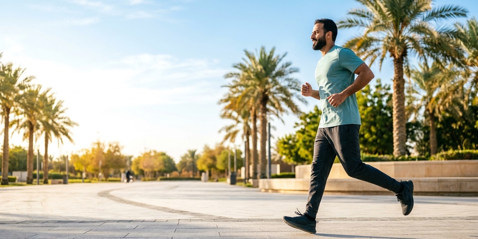 A man jogging along a palm-lined park promenade in the morning sun