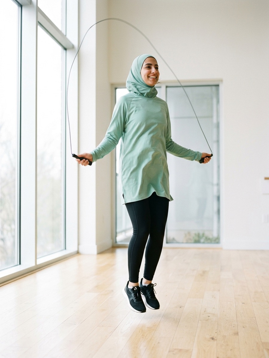 A smiling woman in a sports hijab skipping with a jump rope in a bright studio