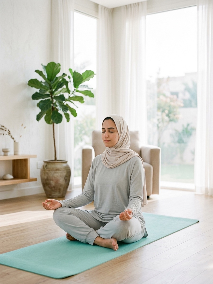 A woman in a hijab meditating on a teal mat in a bright living room