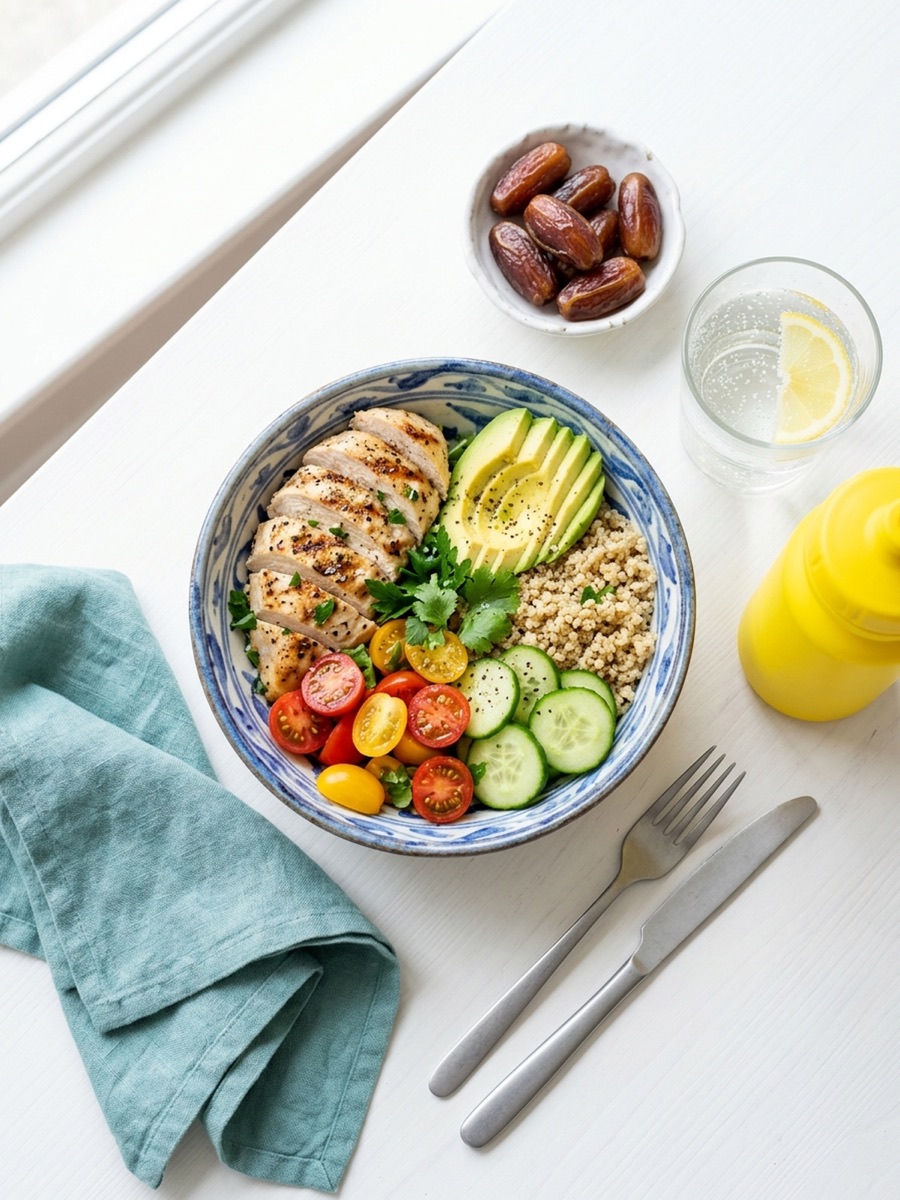 A healthy bowl of grilled chicken, quinoa, avocado and vegetables with dates and water