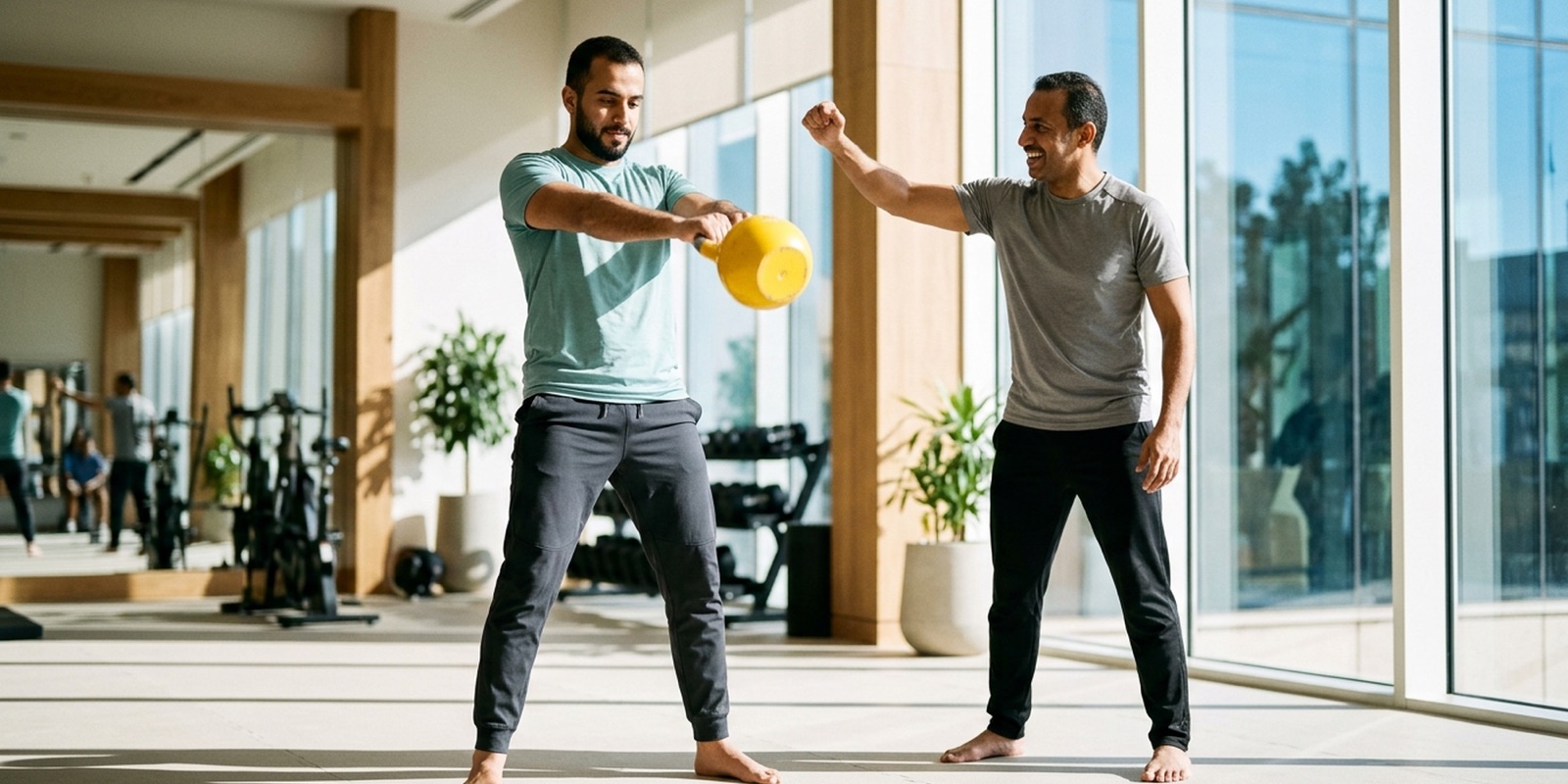 Two friends training with a yellow kettlebell in a bright gym