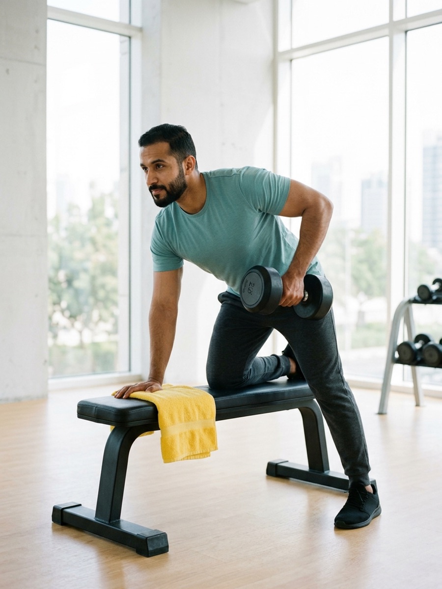 A man doing a one-arm dumbbell row on a bench in a bright gym